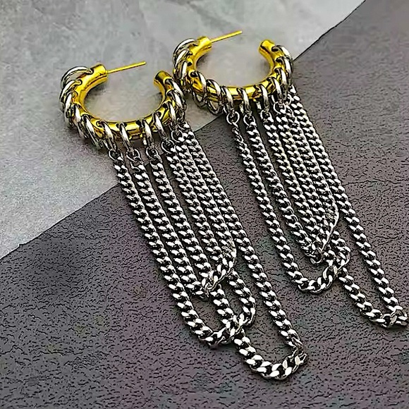 Two Tone Chain Hoop Link Earrings Gold and Silver Punk Retro Y2K - Picture 2 of 6